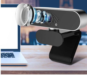 Webcam with Microphone on a laptop desk showcasing clear lenses for 1080P video quality.