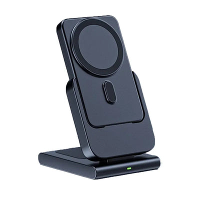 Black magnetic power bank designed for fast wireless charging, featuring a sleek and compact design.