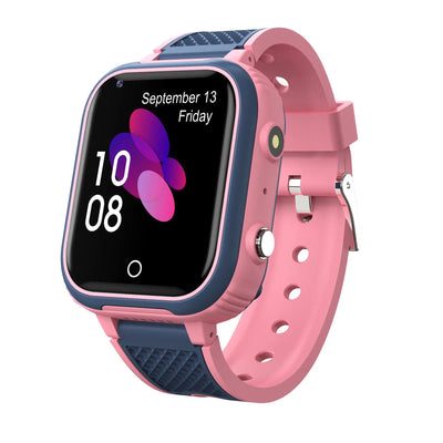 4G waterproof touch camera kids' smartwatch in pink with digital display showing date and time.