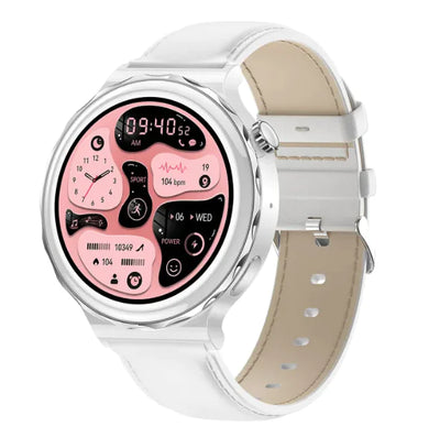 Stylish Bluetooth Call Smartwatch with black and pink display, fitness tracking, and sleek silver design.