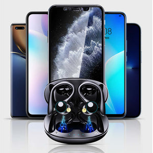 Waterproof Bluetooth headphones with charging case in front of smartphones, showcasing modern audio technology.