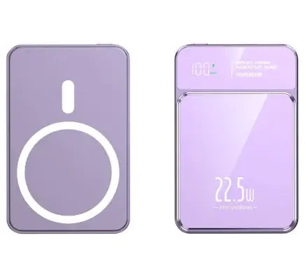 Purple wireless power bank with 22.5W fast charging and magnetic design for on-the-go convenience.