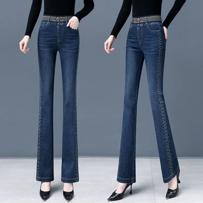 Women wearing high waist skinny jeans in dark denim, showcasing a flattering fit for a stylish look.
