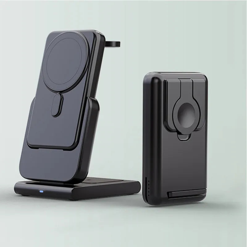 Magnetic Power Bank and wireless charger in sleek black design for fast and convenient charging.