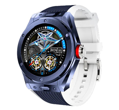UrbanPulse smartwatch for men, stylish design with black and white band, displaying analog-style interface.