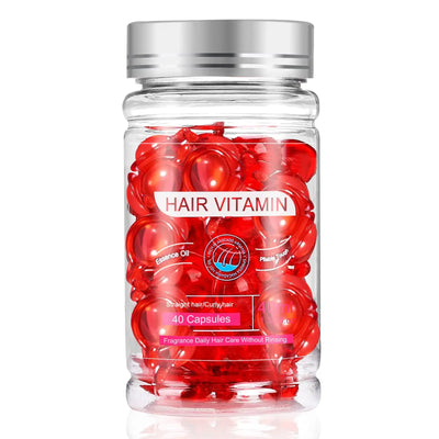 Hair vitamin capsules in a clear jar for strengthening and nourishing hair. 40 capsules for daily hair care.