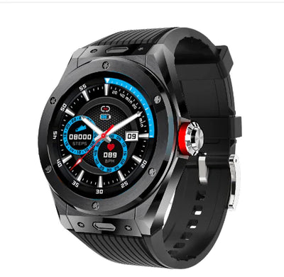 UrbanPulse smartwatch for men showcasing a digital display with step and heart rate tracking features.