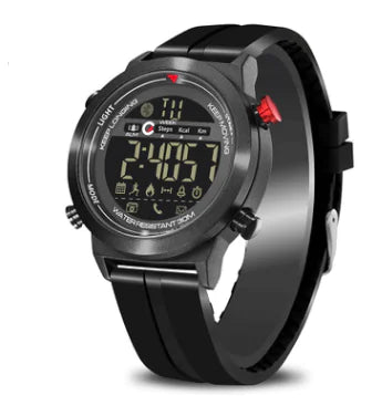 Smartwatch Bluetooth Fitness Tracker with digital display, step counter, and water-resistant features in sleek black design.