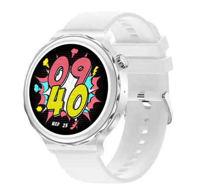 Bluetooth Call Smartwatch with colorful comic-style watch face and white strap, perfect for staying connected.