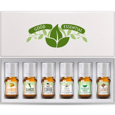 Good Essential Sweet Scents Fragrance Oil Set featuring Amber, Bamboo, Coffee, Fresh Cotton, Fresh Cut Grass, Leather oils.