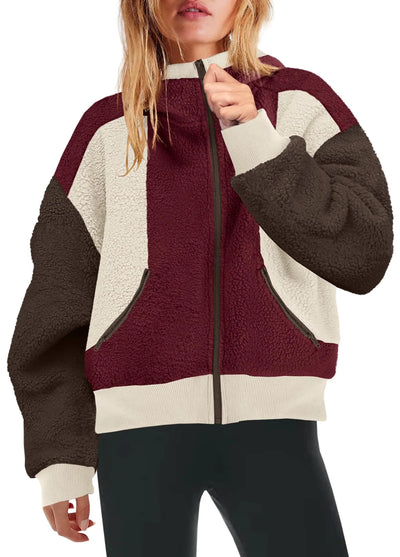 Yanekop Womens Oversized Sherpa Jacket in burgundy and cream, perfect for trendy and cozy winter wear.