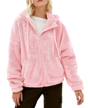 GAMISOTE Women's Fuzzy Sherpa Fleece Jacket in soft pink, perfect for cozy lounging and stylish casual wear.