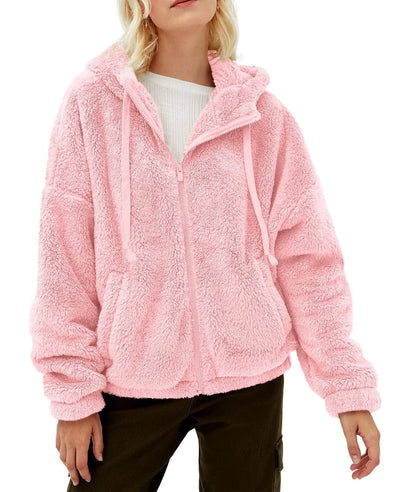 GAMISOTE Women's Fuzzy Sherpa Fleece Jacket in soft pink, perfect for cozy lounging and stylish casual wear.