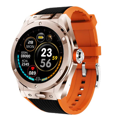UrbanPulse smartwatch for men with orange strap and sleek digital display showcasing fitness stats and notifications.