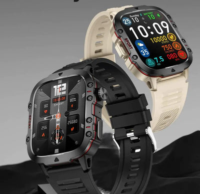 Impacto Smartwatch in black and beige, showcasing colorful display and rugged design for fitness tracking.
