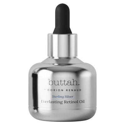 Buttah Skin Everlasting Retinol Oil in a sleek silver dropper bottle for skincare rejuvenation.