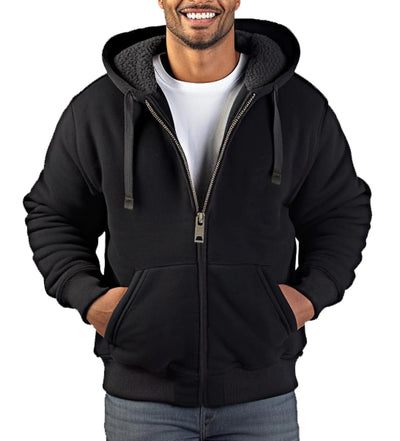 Zerenfy hoodie for men featuring a zip closure, cozy fleece lining, and a modern black design, perfect for casual wear.