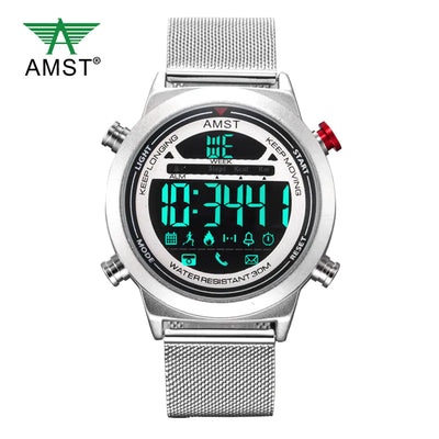 AMST smartwatch fitness tracker with digital display and stainless steel strap, water-resistant and multifunctional.
