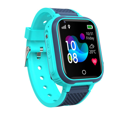 4G Waterproof Touch Camera Kids' Smartwatch in blue with digital display showing time and date.