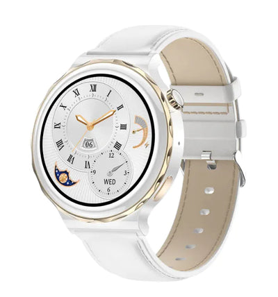 Sleek Bluetooth Call Smartwatch in white with gold accents, displaying time and date features for style and functionality.